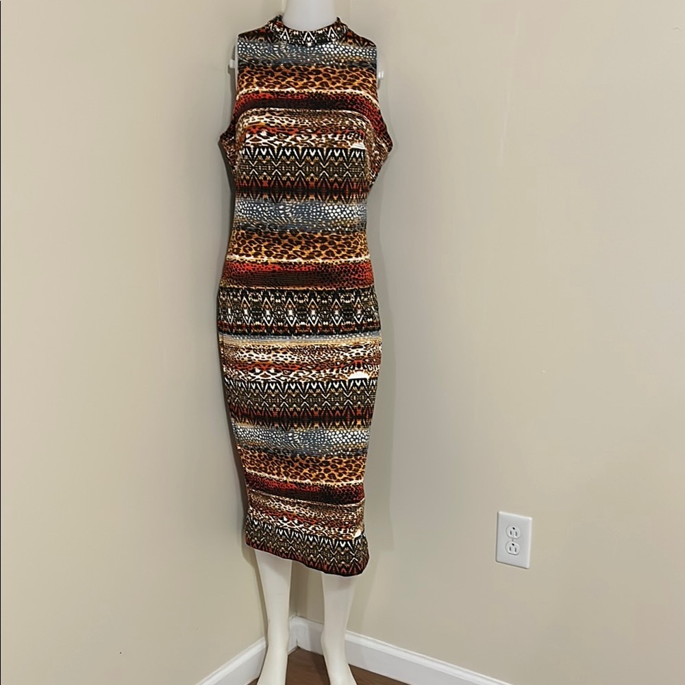 Orange and Brown Sleeveless Mock Neck Sheath Midi Dress